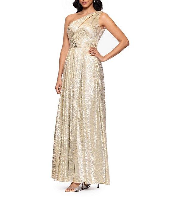 Betsy & Adam One Shoulder Floral Foil A-Line Gown Product Image