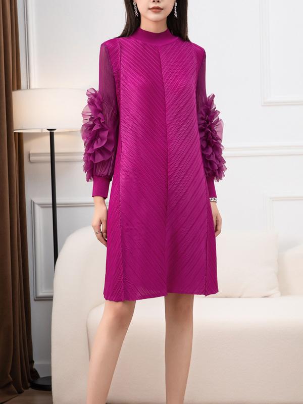 Long Sleeves Loose Embroidered Pleated Solid Color Round-Neck Midi Dresses Product Image