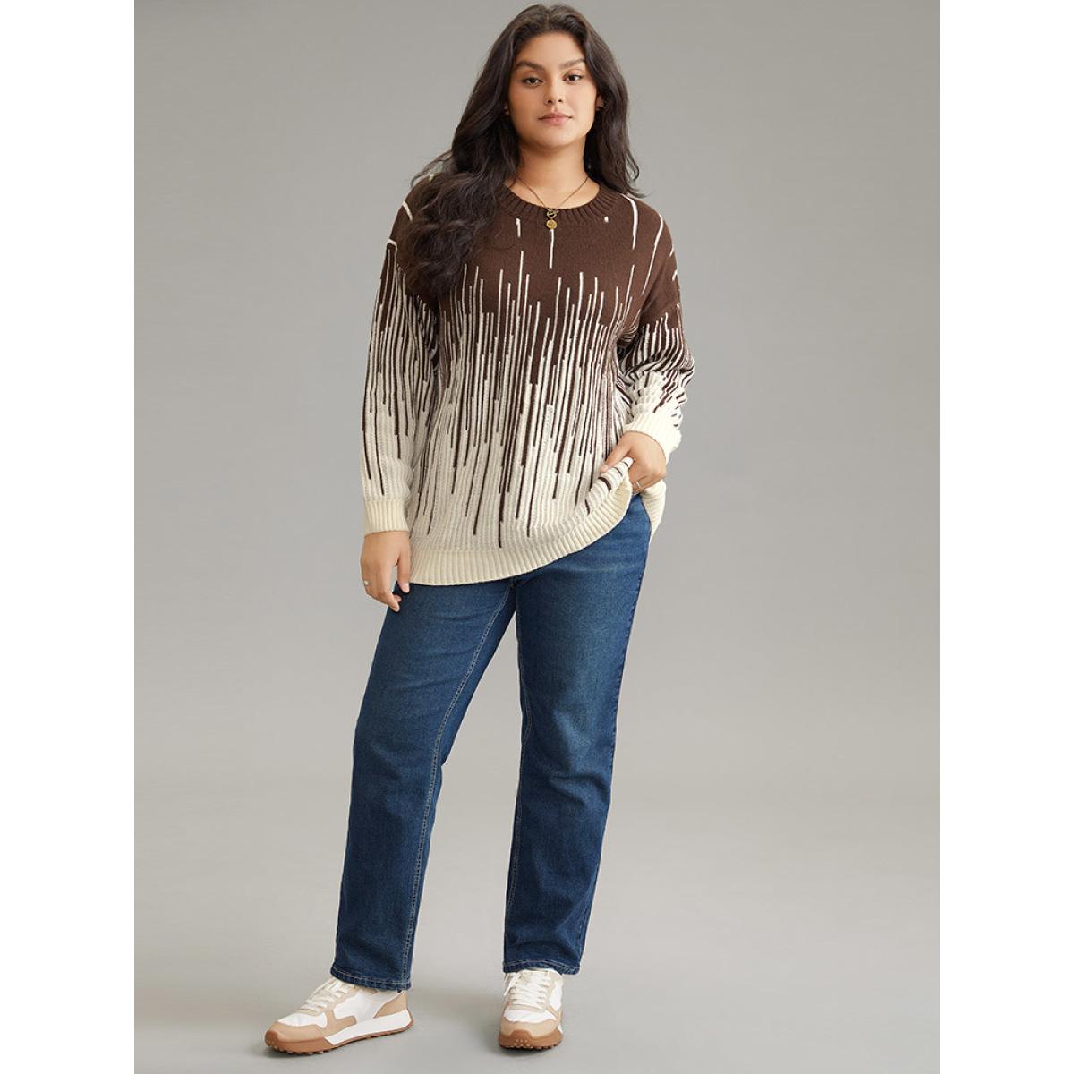 Plus Size Striped Ombre Textured Elastic Cuffs Pullover DarkBrown Women Casual Loose Long Sleeve Round Neck Everyday Pullovers BloomChic 18-20/2X Product Image