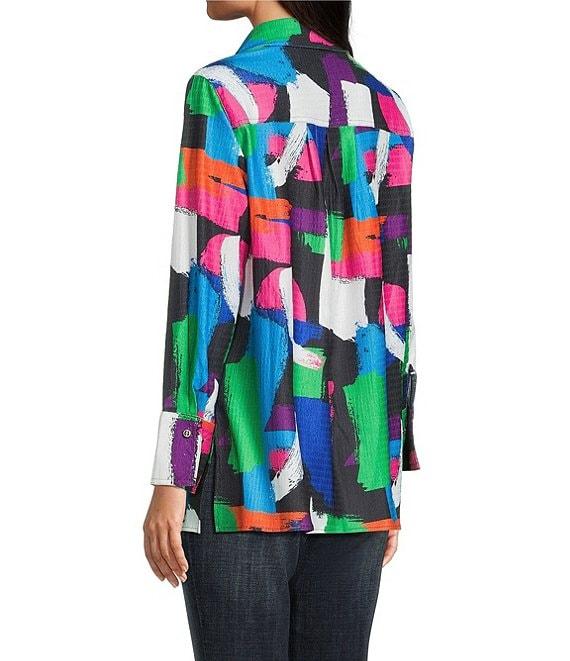 Calessa Textured Knit Geometric Multicolor Point Collar Long Sleeve Button Front Tunic Product Image