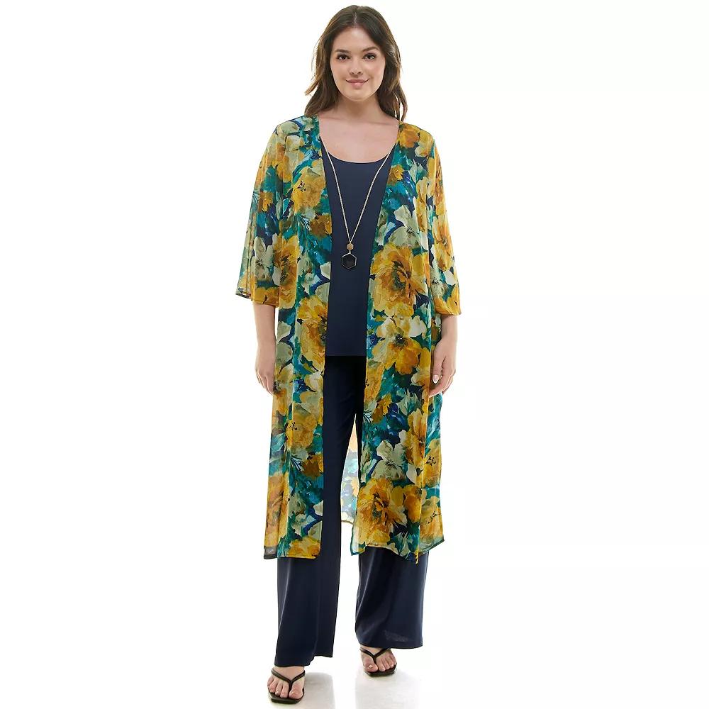 Plus Size Luxology 3-Piece Long Cardigan, Tank Top & Pants Set, Women's, Size: 1XL, Navy Yellow Sage Product Image