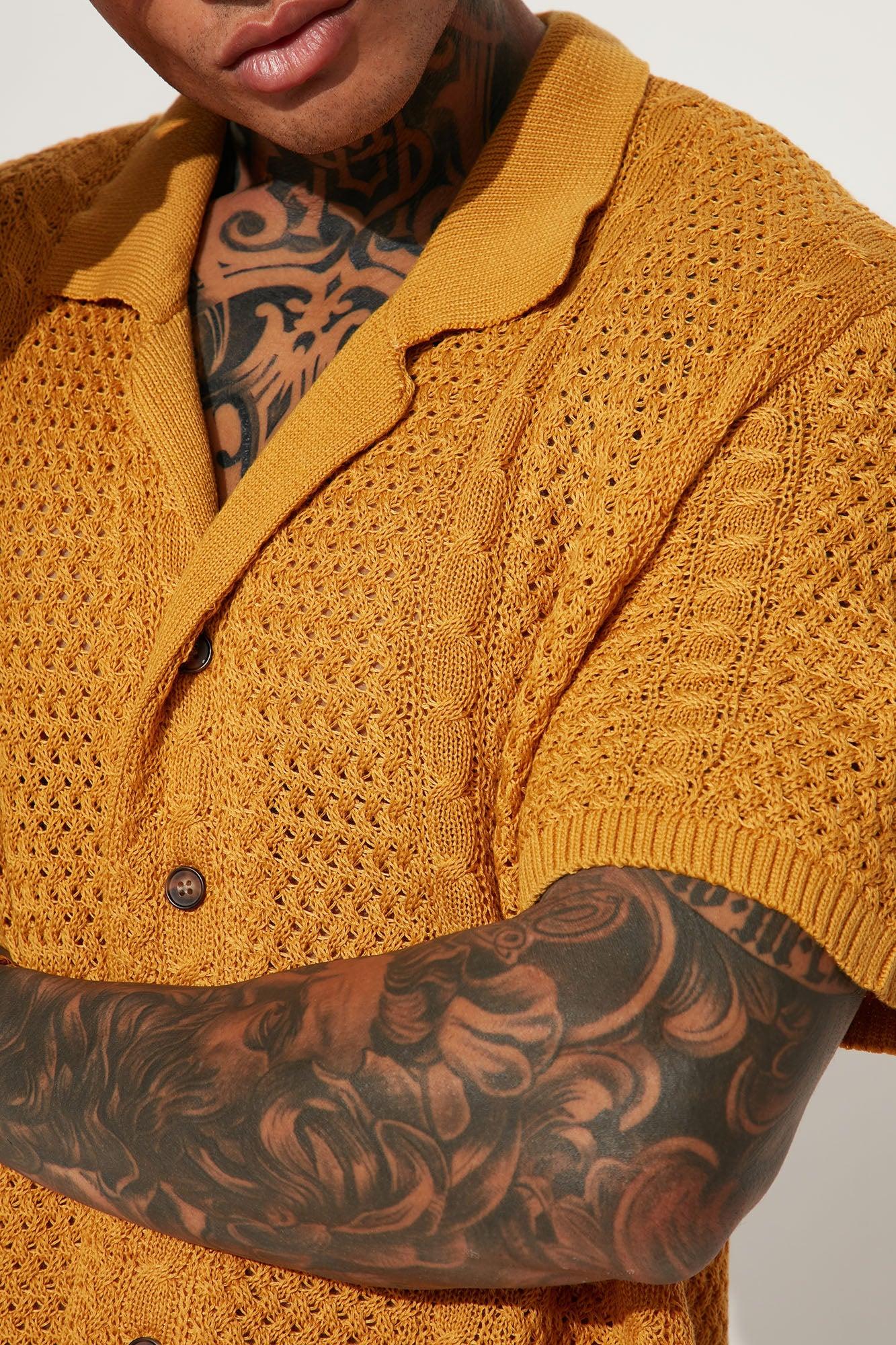 Unwind Cable Knit Short Sleeve Button Up - Mustard Product Image