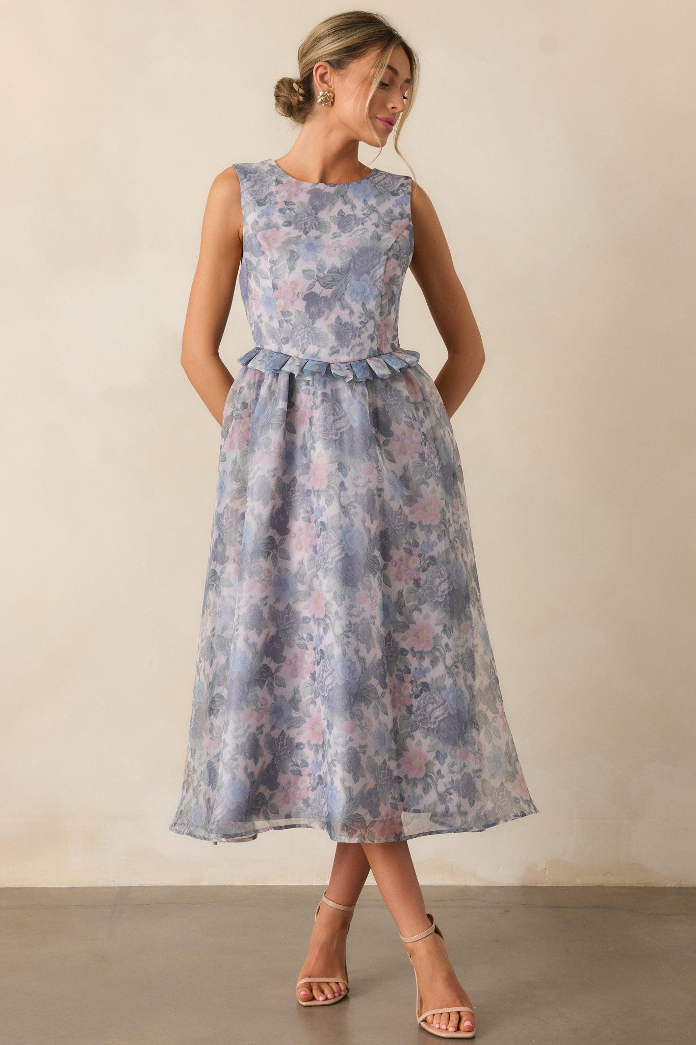 Painted Skies Ash Blue Floral Midi Dress Product Image