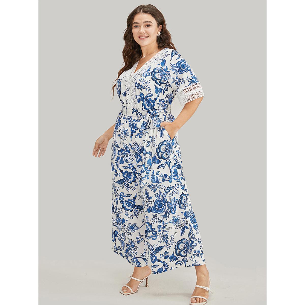 Plus Size Navy Floral Belted Pocket Lace Trim Wrap Jumpsuit Women Vacation Short sleeve V-neck Dailywear Loose Jumpsuits BloomChic 26/4X Product Image