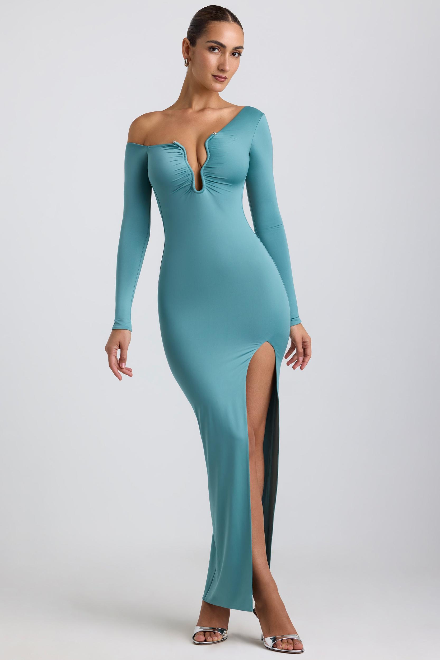 Slinky Jersey Asymmetric Ruched Hardware Detail Maxi Dress in Sea Green Product Image