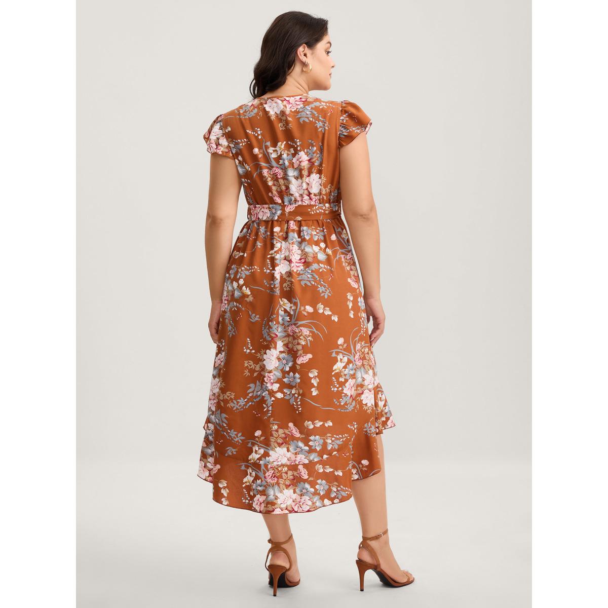 Plus Size Midnight Blooms Wrap A-Line Midi Dress Russet Women Romantic Overlap Collar Cap Sleeve Curvy BloomChic 30/6X Product Image