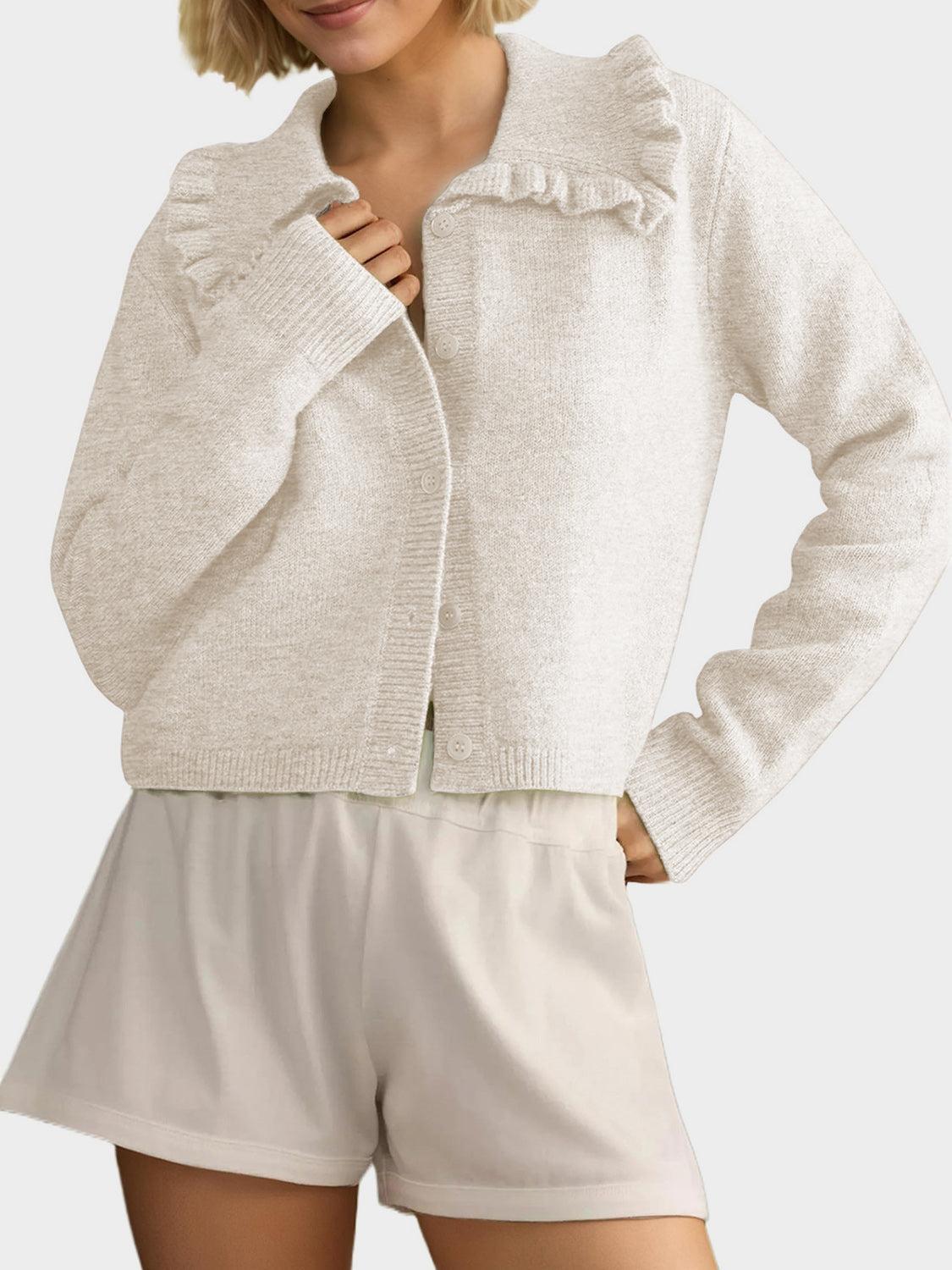 Frill Button Up Collared Neck Long Sleeve Cardigan Product Image