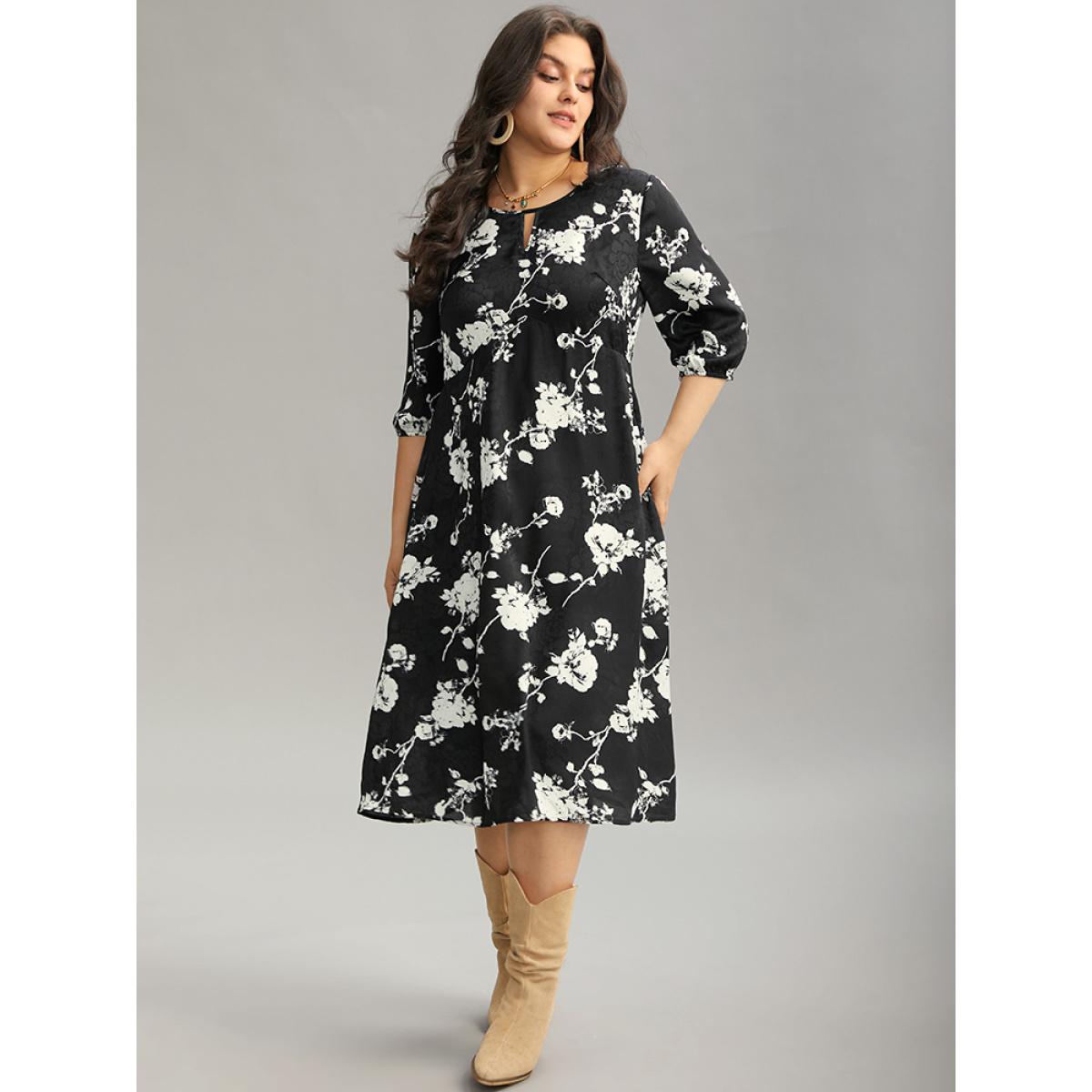 Plus Size Silhouette Floral Print Texture Keyhole Lantern Sleeve Dress Black Women Vacation Elastic cuffs Keyhole Cut-Out Elbow-length sleeve Curvy Midi Dress BloomChic 10/M Product Image