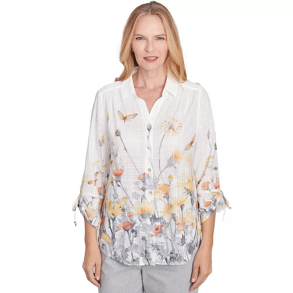 Women's Alfred Dunner Button Down Butterfly Floral Top with Necklace,  Product Image