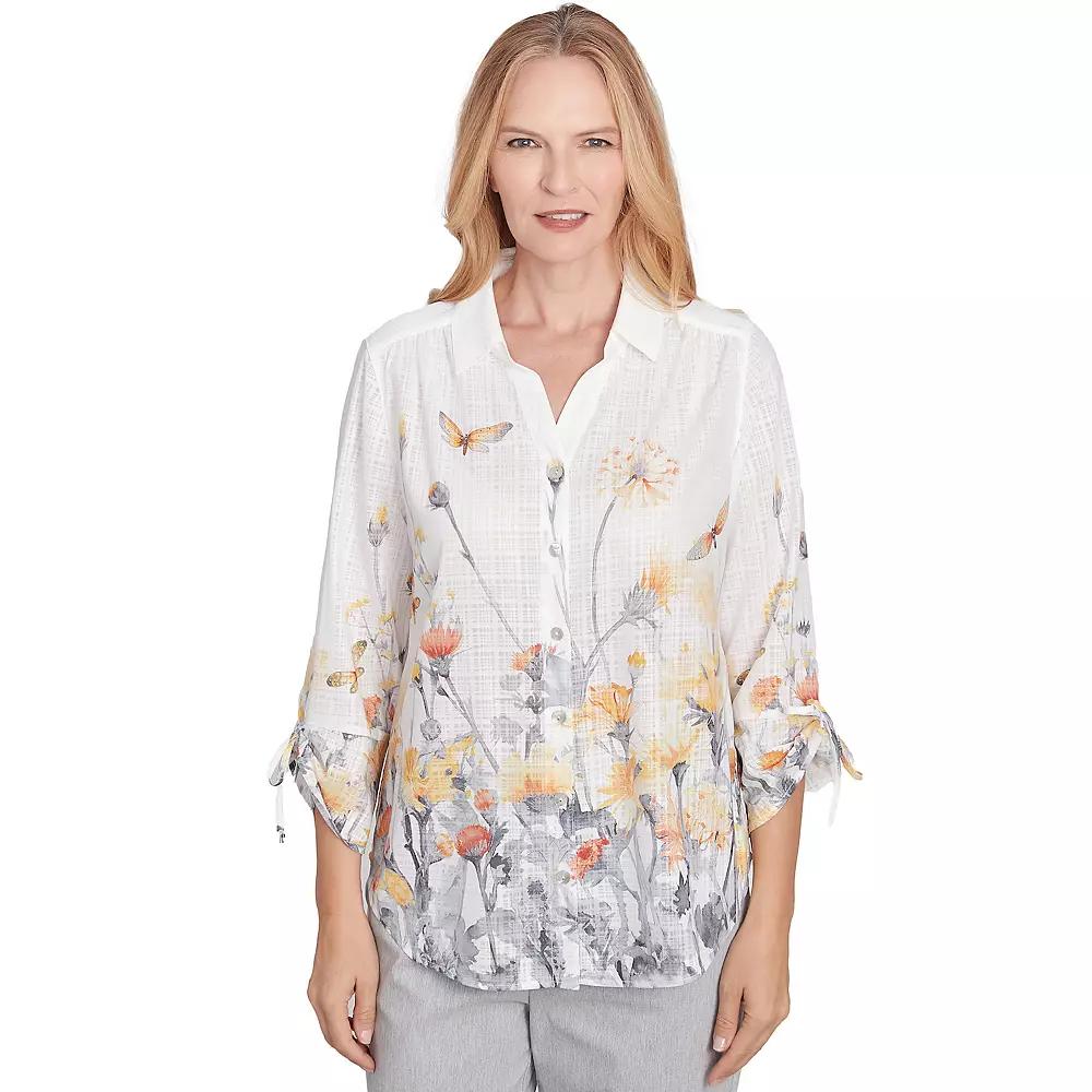 Women's Alfred Dunner Button Down Butterfly Floral Top with Necklace,  Product Image