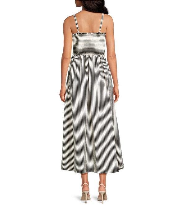 CeCe Woven Stripe Print Square Neck Sleeveless Smocked Midi A-Line Dress Product Image