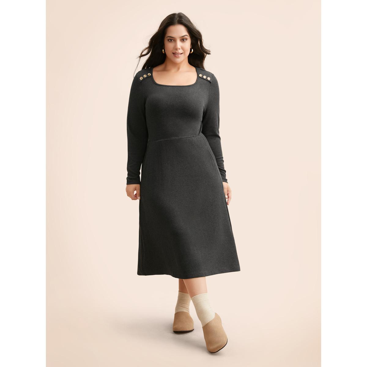 Plus Size Supersoft Essentials Button Shoulder Midi Dress DarkGray Women Casual Texture Square Neck Long Sleeve Curvy BloomChic 14-16/1X Product Image