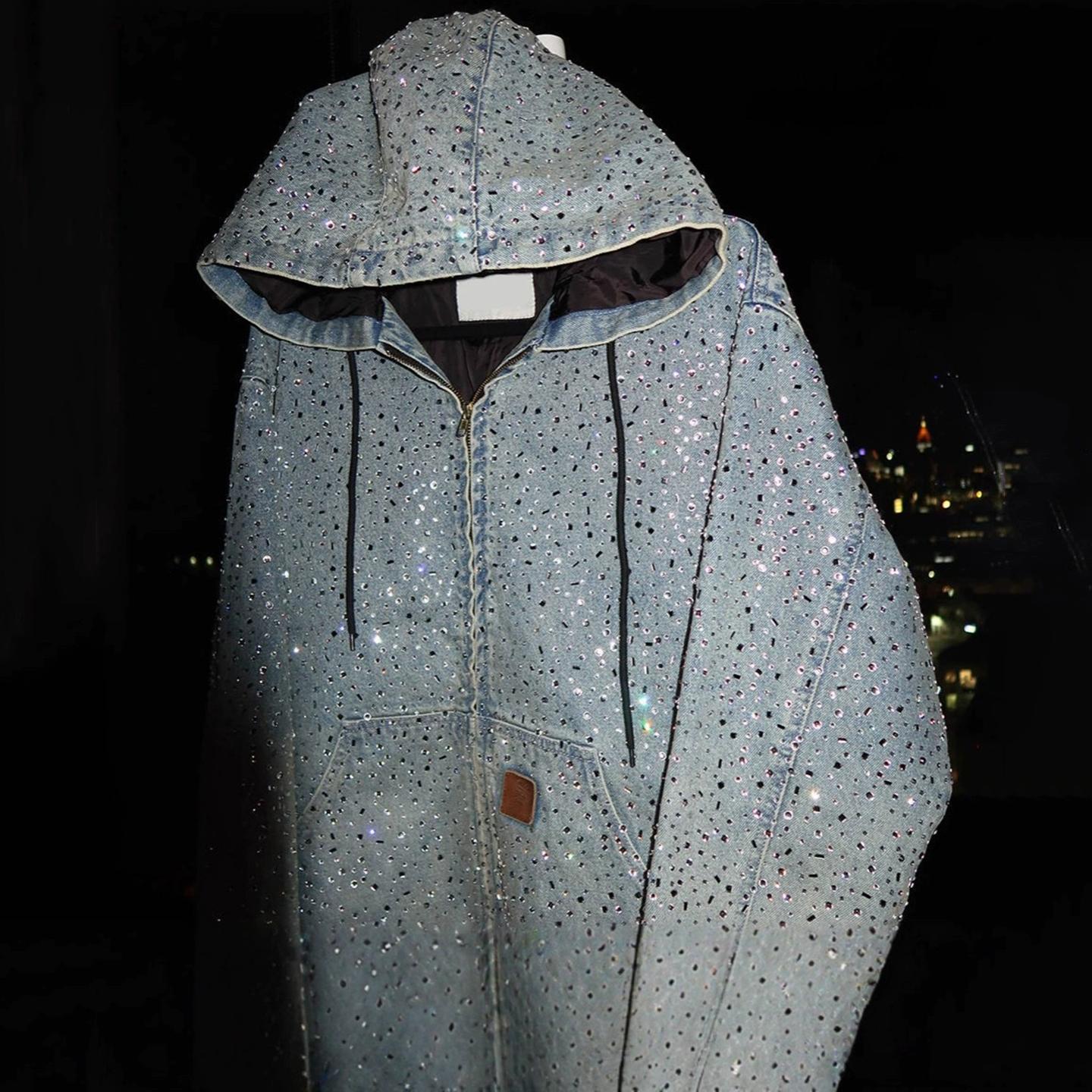 Personalized Rhinestone Zippered Denim Hoodie Product Image