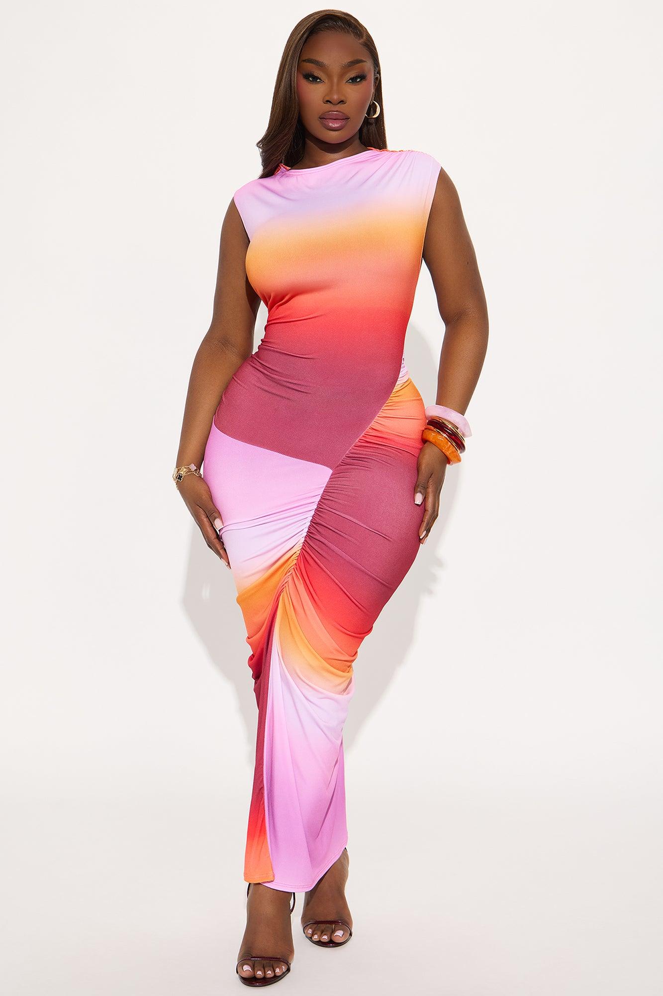 Candy Skies Ombre Asymmetrical Maxi Dress - Orange/combo Female Product Image