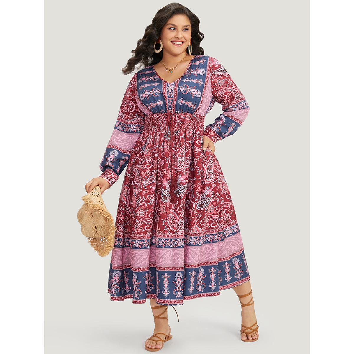 Plus Size Bandana Print Pocket Shirred Bowknot Dress Scarlet Women Vacation Cross straps V-neck Long Sleeve Curvy Midi Dress BloomChic 12/L Product Image