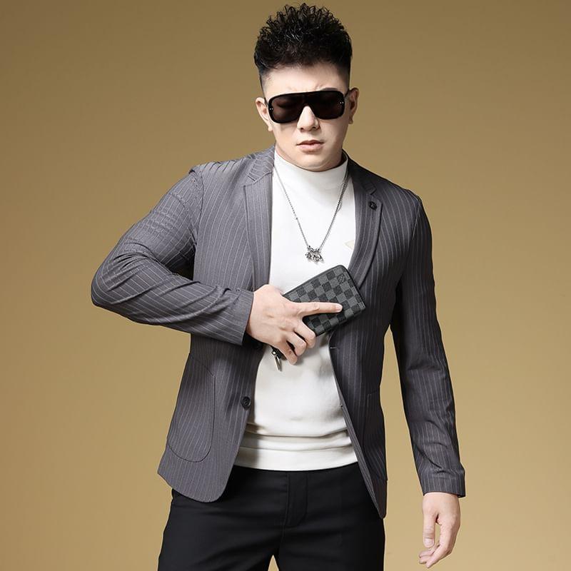 Striped Button-Up Slim Fit Blazer Product Image