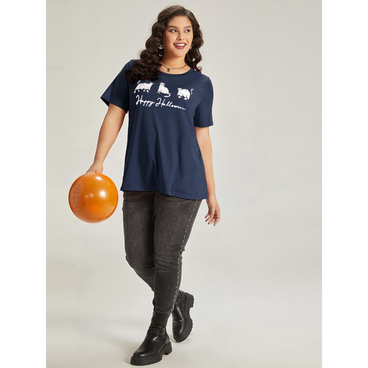 Plus Size Halloween Letter & Animals Crew Neck T-shirt Indigo Women Casual Printed Halloween Festival-Halloween T-shirts BloomChic 14-16/1X Product Image