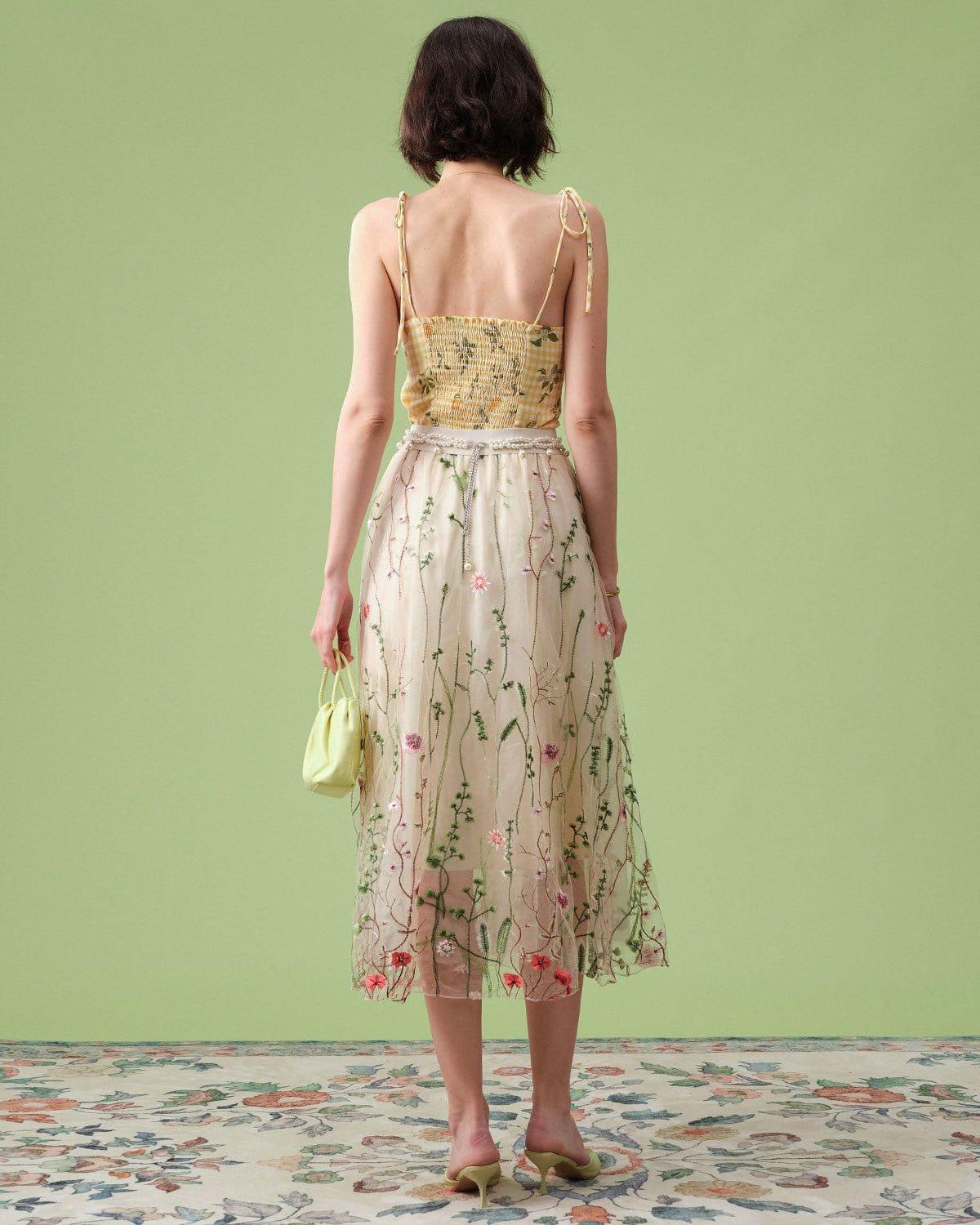 The High Waisted Floral Embroidery A-line Midi Skirt Female Product Image