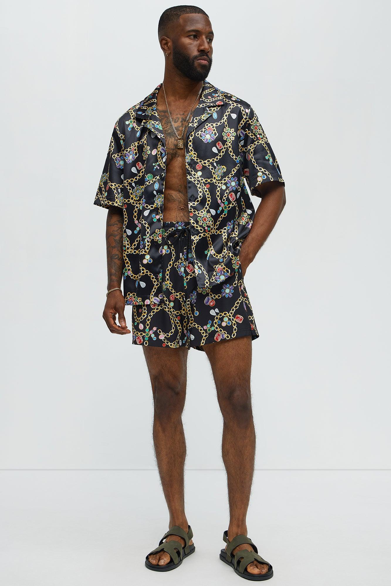 Tidal Jewel Printed Cuban Collar Button Up Shirt - Black/combo Product Image