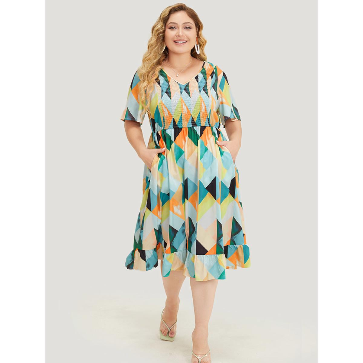 Plus Size Geometric Print Shirred Ruffle Hem Pocket Dress Multicolor Women Elegant Gathered V-neck Short sleeve Curvy Midi Dress BloomChic 14-16/1X Product Image