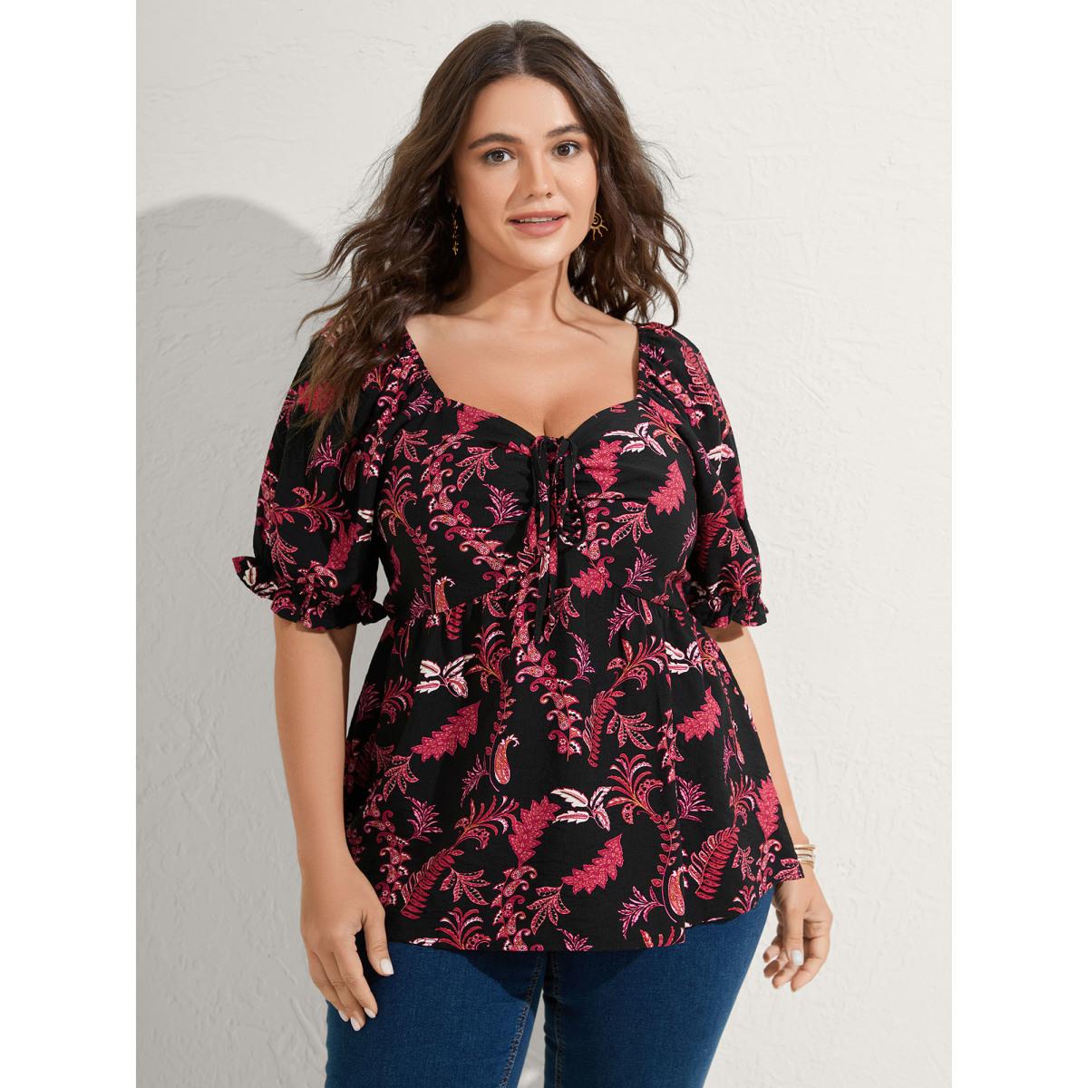 Plus Size Black Boho Print Neck Tie Flowy Shirt Women Short sleeve Heart neckline Vacation Blouses BloomChic 12/L Product Image