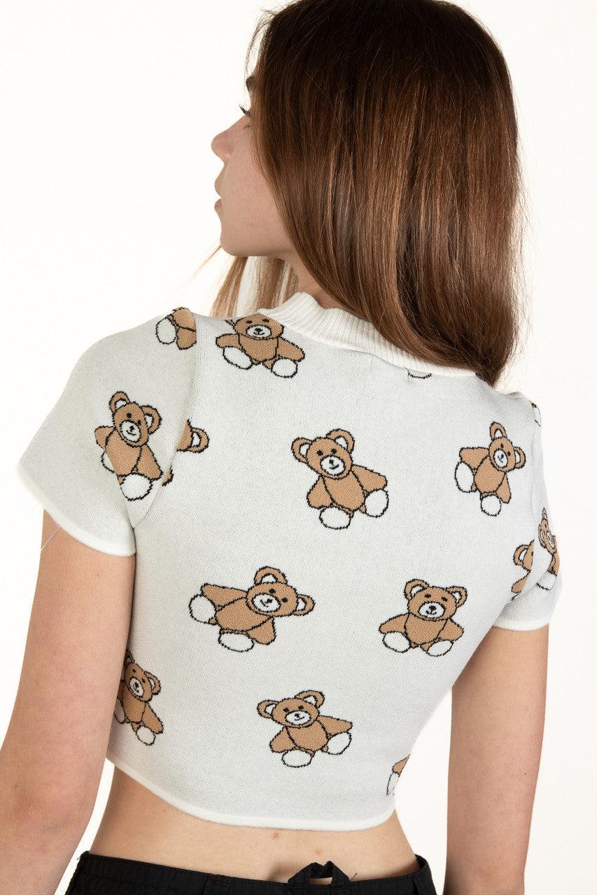 White Short Sleeve Teddy Bear Sweater Product Image