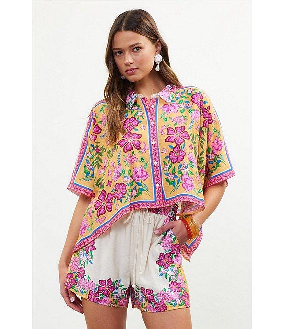 Skies Are Blue Floral Border Print Elastic Waist Coordinating Shorts Product Image