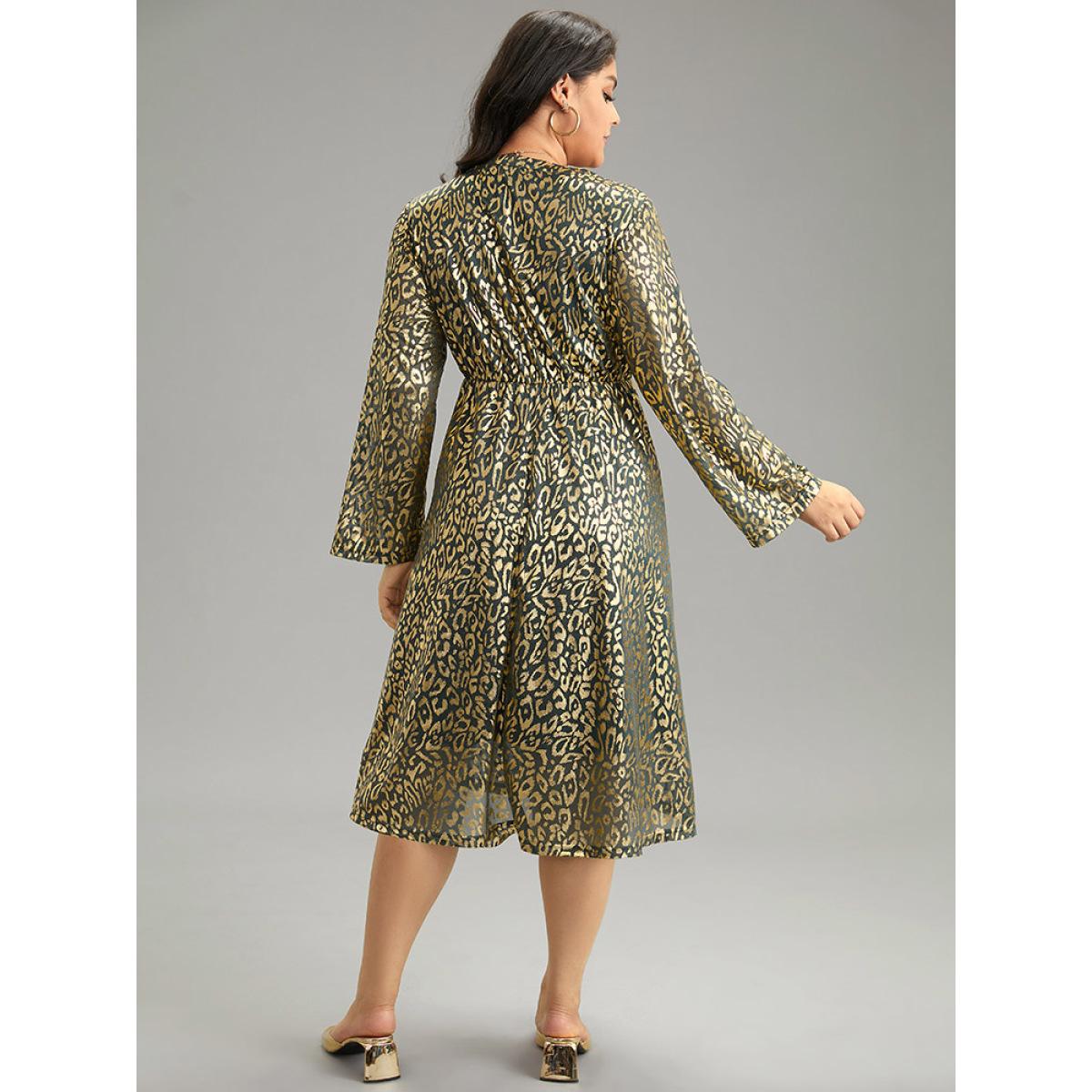 Plus Size Leopard Glitter Pocket Elastic Waist Dress DarkGreen Women Elegant Printed V-neck Long Sleeve Curvy Midi Dress BloomChic 26/4X Product Image
