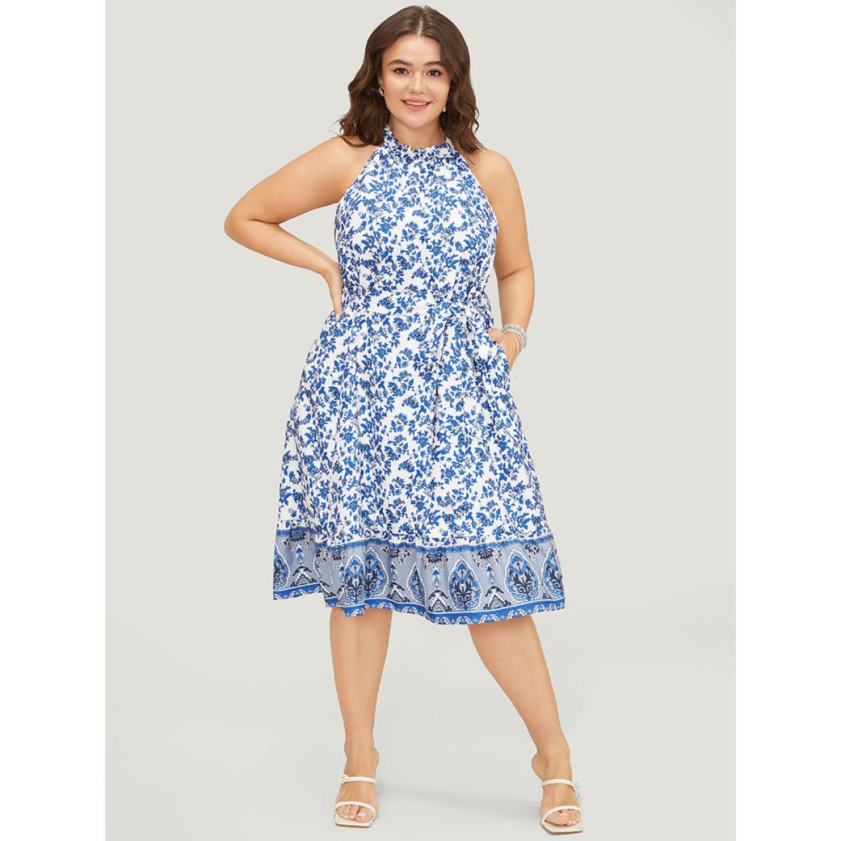 Plus Size Bandana Print Halter Ruffle Hem Pocket Belt Paisley Dress Indigo Women Vacation Belted Halter neck Sleeveless Curvy Knee Dress BloomChic 28/5X Product Image