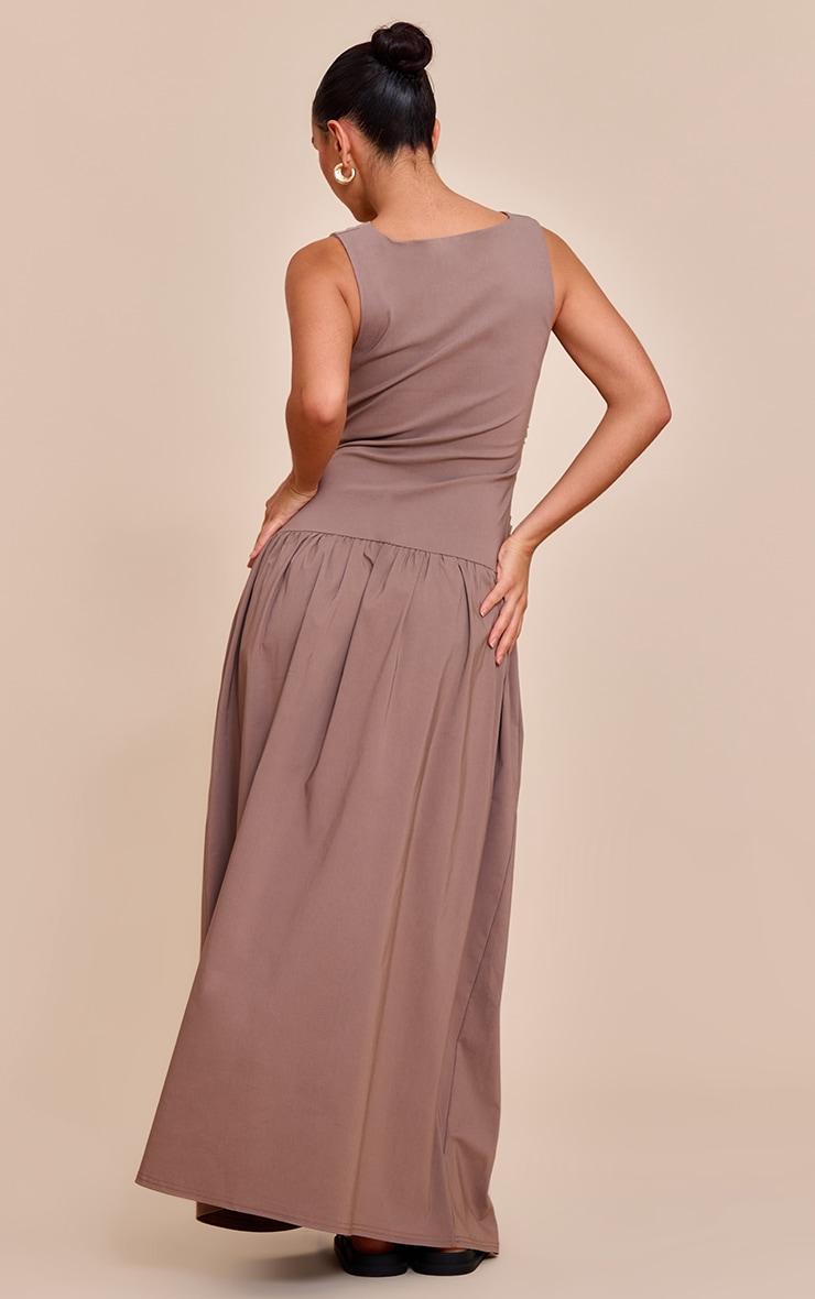 Taupe Stretch Woven Ruched Detail Drop Waist Maxi Dress Product Image