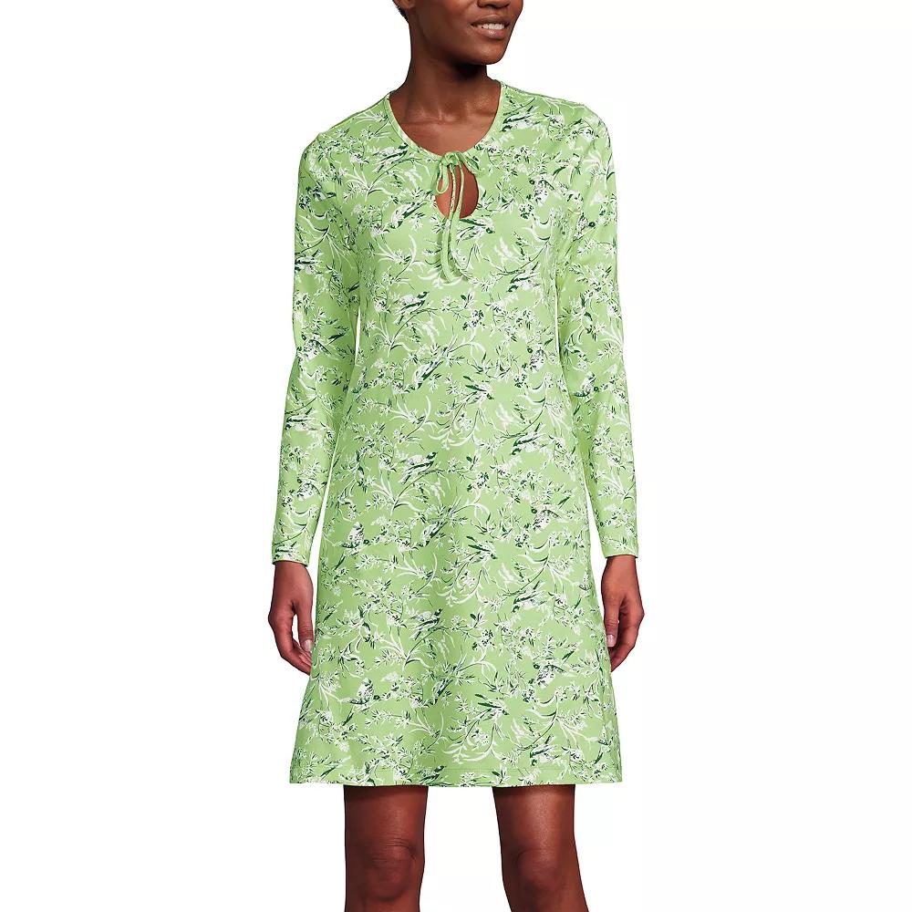 Women's Lands' End Cotton Interlock Long Sleeve Nightgown, Size: XL, Soft Green Bird Song Product Image