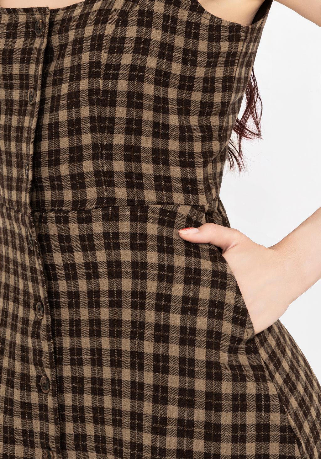 Terra Cotton Check Sleeveless Button Up Mini Dress - Brown Product Image