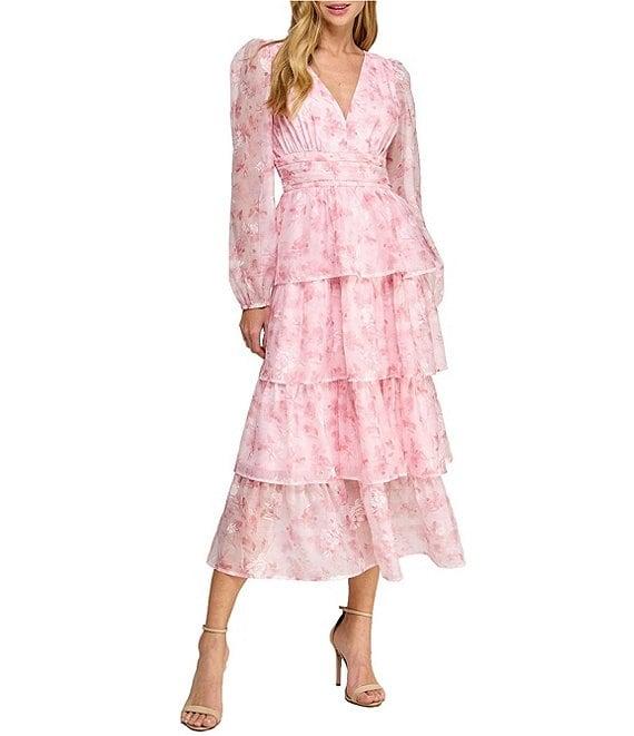 Layered With Love Amanda Organza Chiffon Floral Print V-Neck Long Sleeve Ruffle Tiered A-Line Midi Dress Product Image