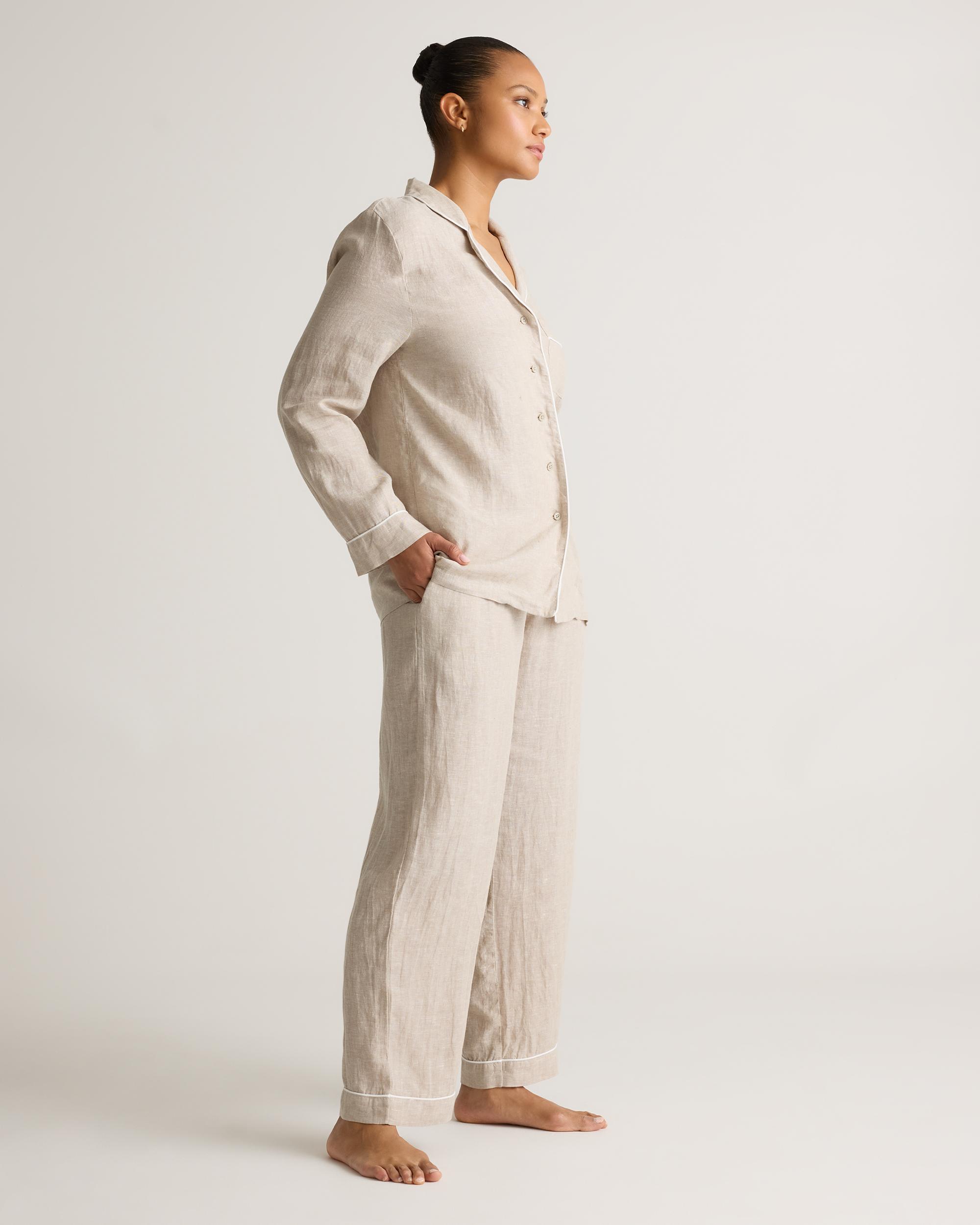 Quince | Women's 100% European Linen Long Sleeve Pajama Set with Piping Size XL Product Image