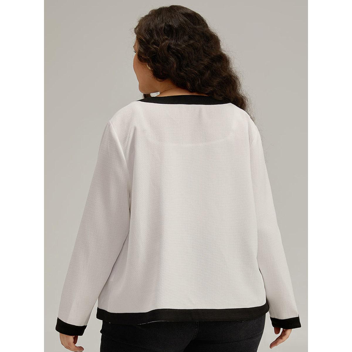 Plus Size Striped Patchwork Button Detail Contrast Jacket Women White Casual Contrast Ladies Dailywear Winter Coats BloomChic 14-16/1X Product Image