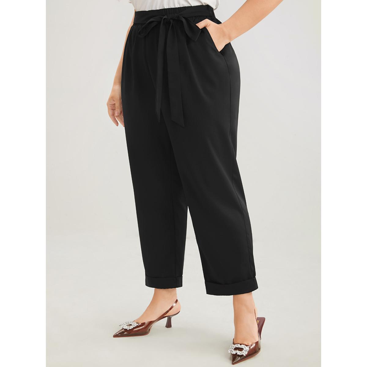 Plus Size Plain Elastic Waist Belted Pocket Mid Rise Pants Women Black Office Mid Rise Dailywear Pants BloomChic 14-16/1X Product Image