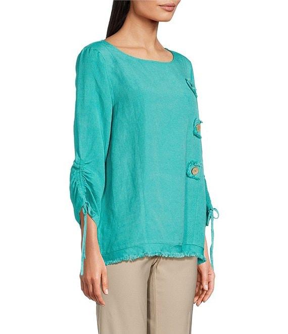 Ali Miles Petite Size Linen Blend Solid Round Neck 3/4 Cinched Tie Sleeve Tunic Product Image