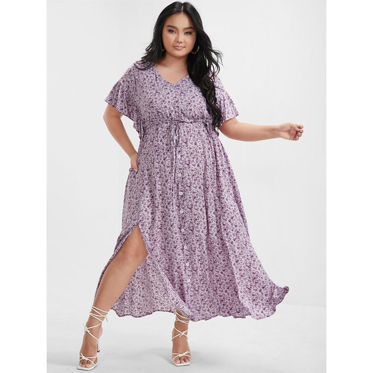 Plus Size Ditsy Floral Ruffles Pocket Button Split Maxi Dress Plum Women Elegant Printed V-neck Cap Sleeve Curvy Long Dress BloomChic 22-24/3X Product Image