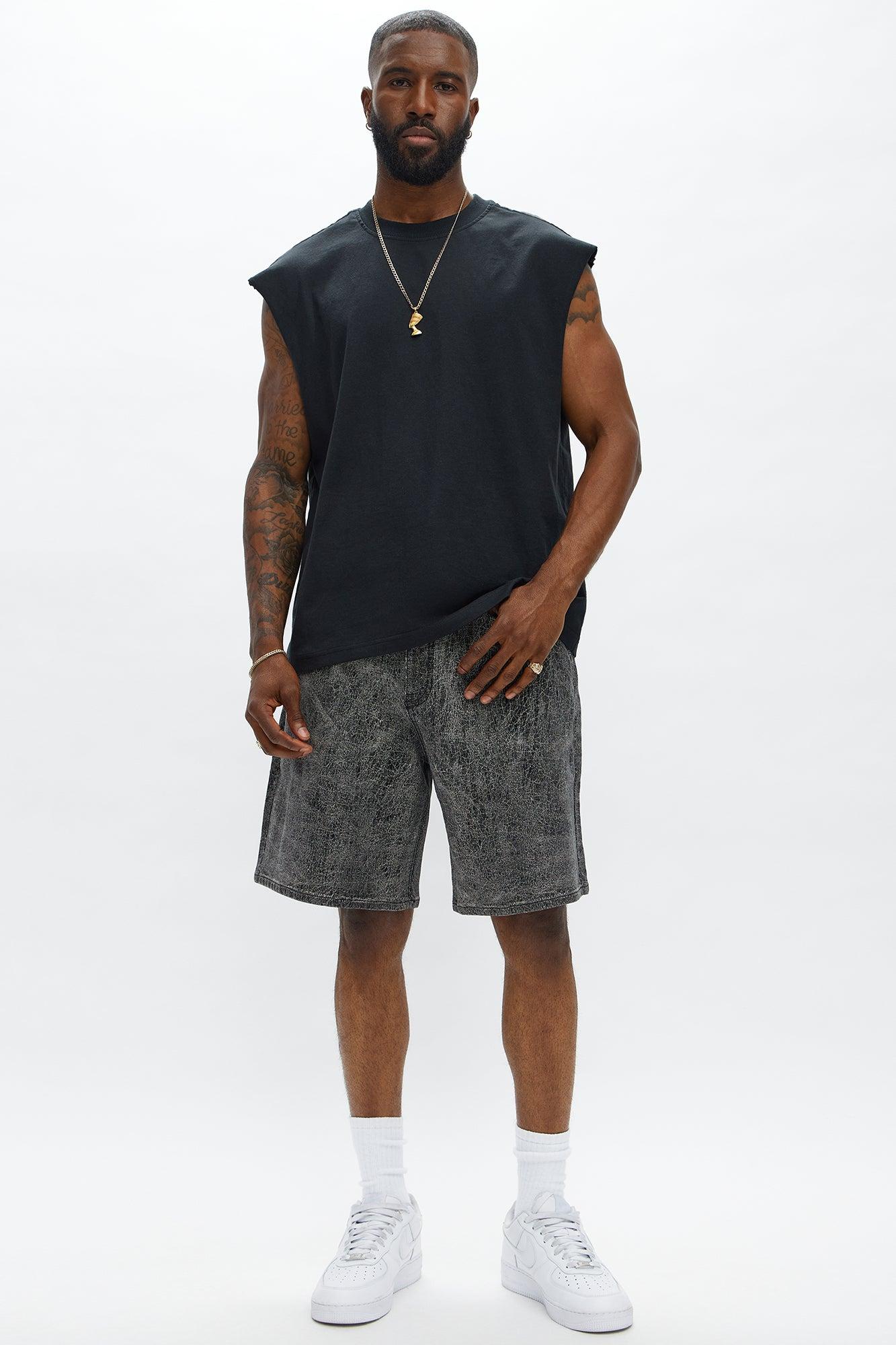 Relaxed Crack The Code Denim Shorts - Grey Male Product Image