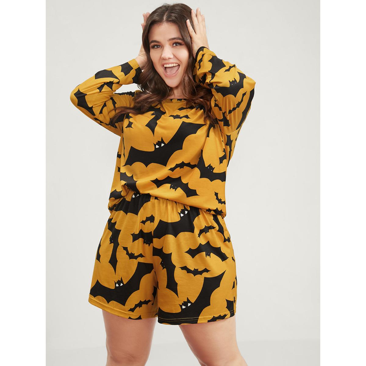 Plus Size Halloween Bat Print Pajama Set Women Orange Graphic-Halloween Printed Long Sleeve Round Neck Casual Loungewear Sets BloomChic 26/4X Product Image