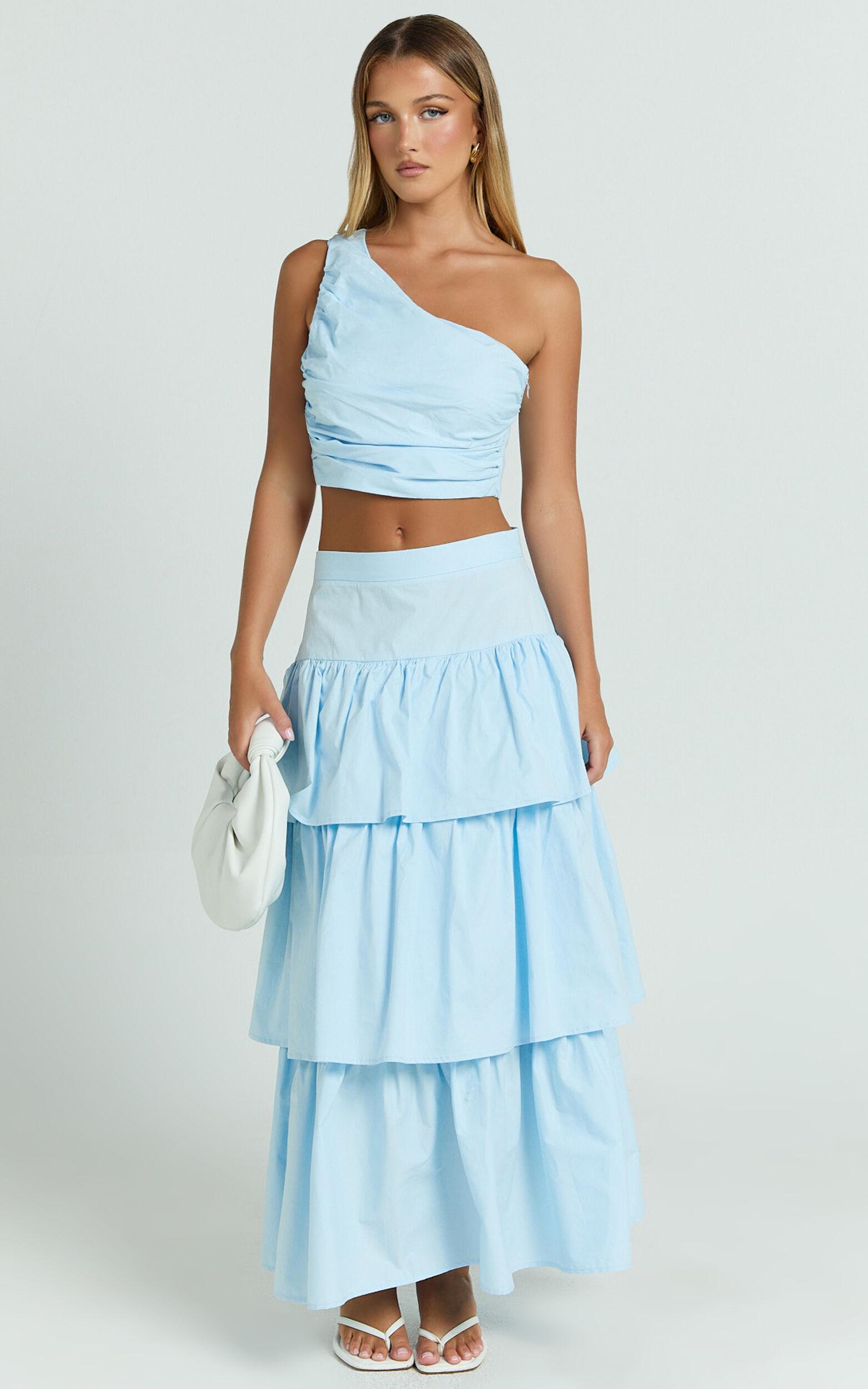 Kaycie Two Piece Set - One Shoulder Asymmetrical Ruched Top and Tiered Midi Skirt Set in Pale Blue Product Image