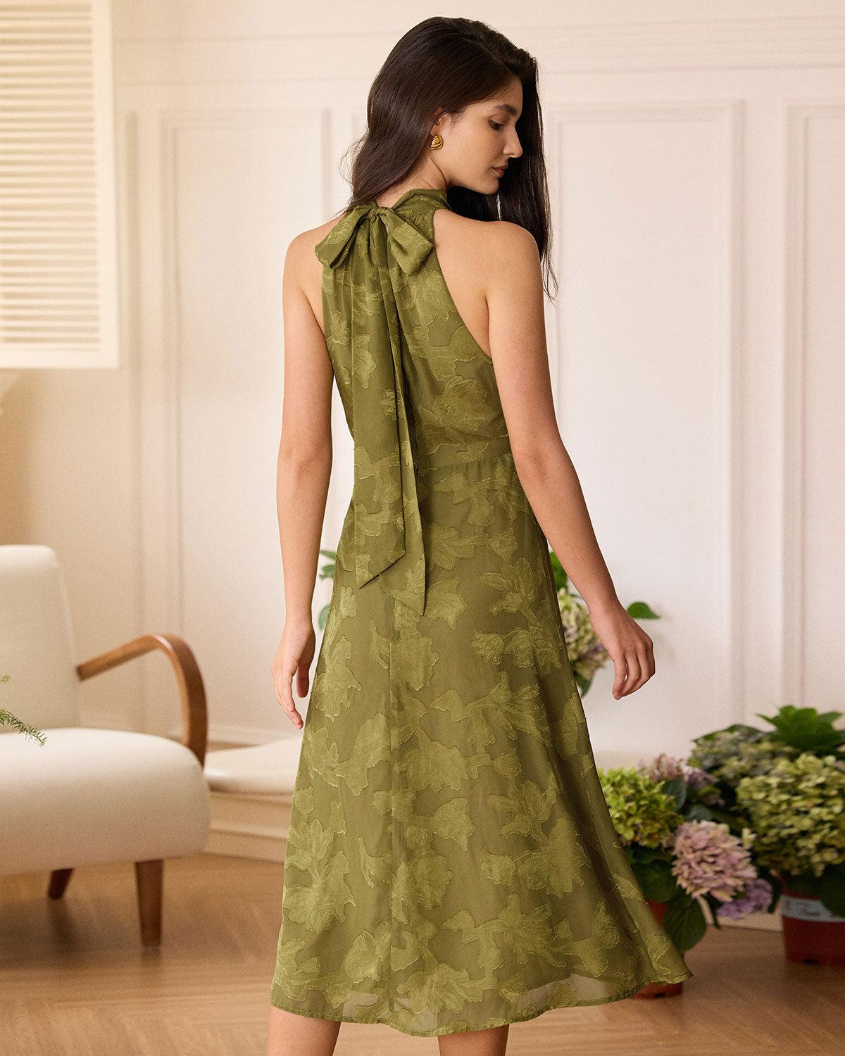 The Green Jacquard Ruched Halter Midi Dress Product Image