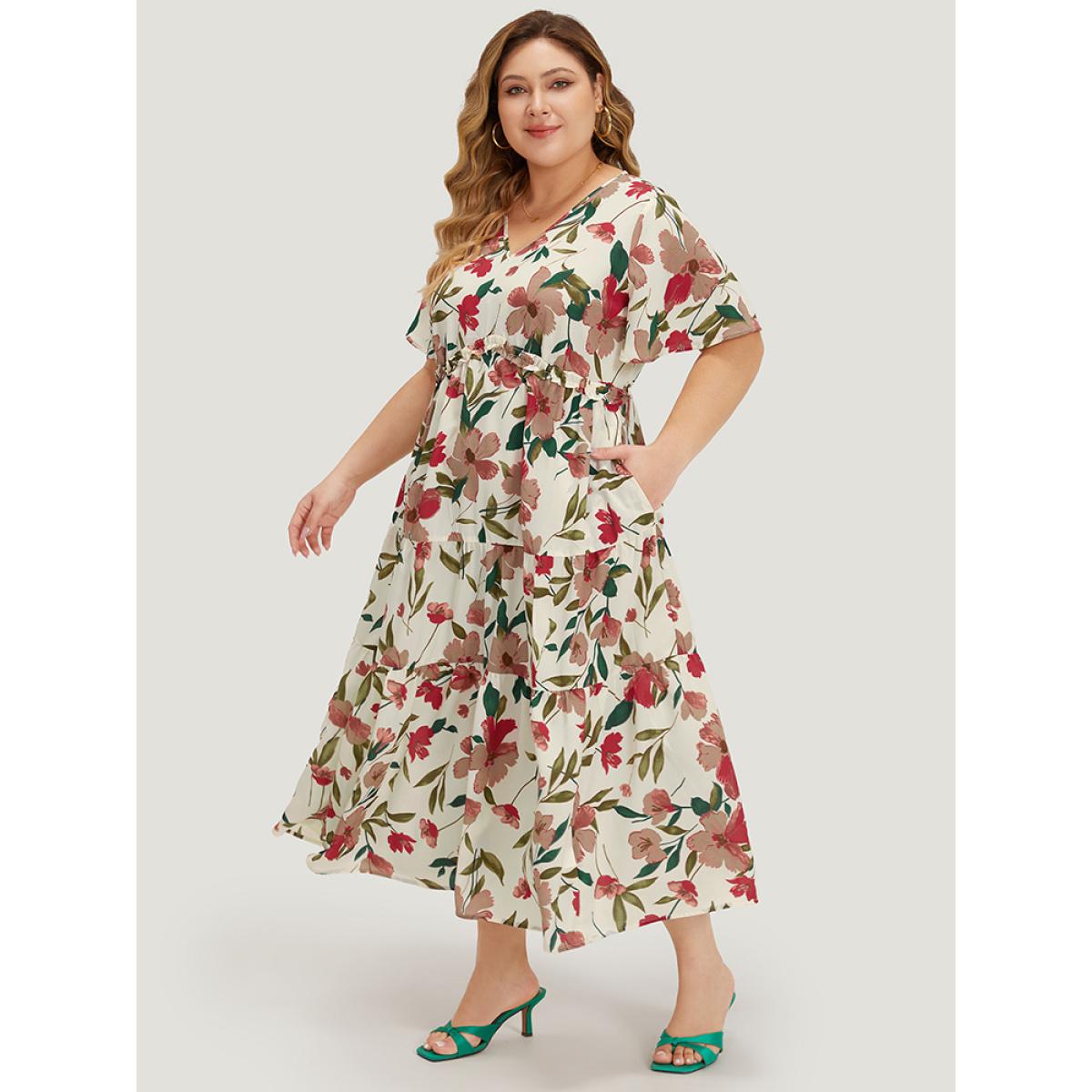 Plus Size Floral Print Pocket Frill Trim Ruffle Layered Hem Dress Apricot Women Elegant Gathered V-neck Short sleeve Curvy Midi Dress BloomChic 22-24/3X Product Image