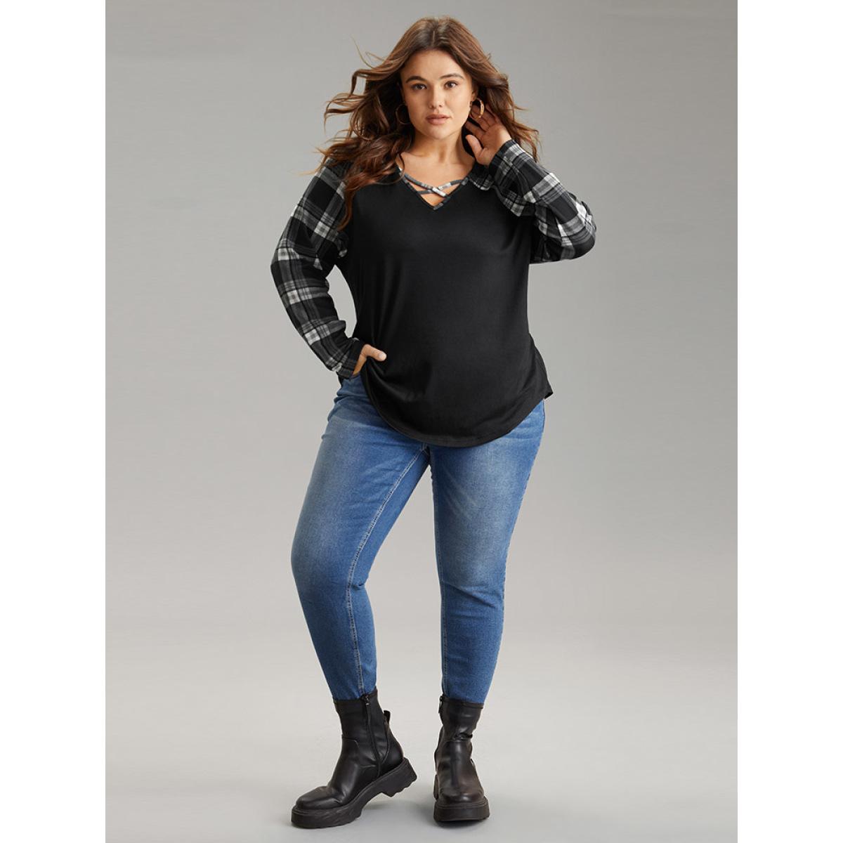 Plus Size Plaid Patchwork Raglan Sleeve Crisscross T-shirt Black Women Leisure Patchwork Plaid V-neck Casual T-shirts BloomChic 18-20/2X Product Image