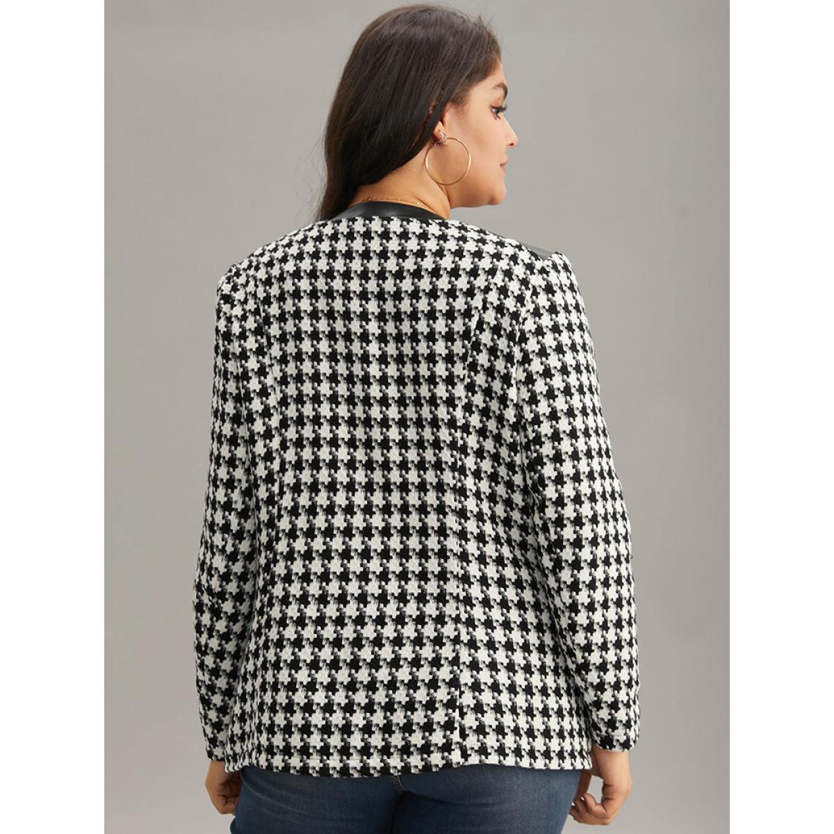 Plus Size Houndstooth PU Leather Patchwork Tweed Zipper Blazer Black Women Dailywear Houndstooth Contrast Sleeve Long Sleeve Open Front 22-24/3X Pocket Casual Blazers BloomChic Product Image