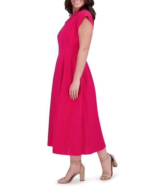 Kensie Stripe Cotton Point Collar V-Neck Cap Dolman Sleeve Smocked Pleated Midi A-Line Dress Product Image