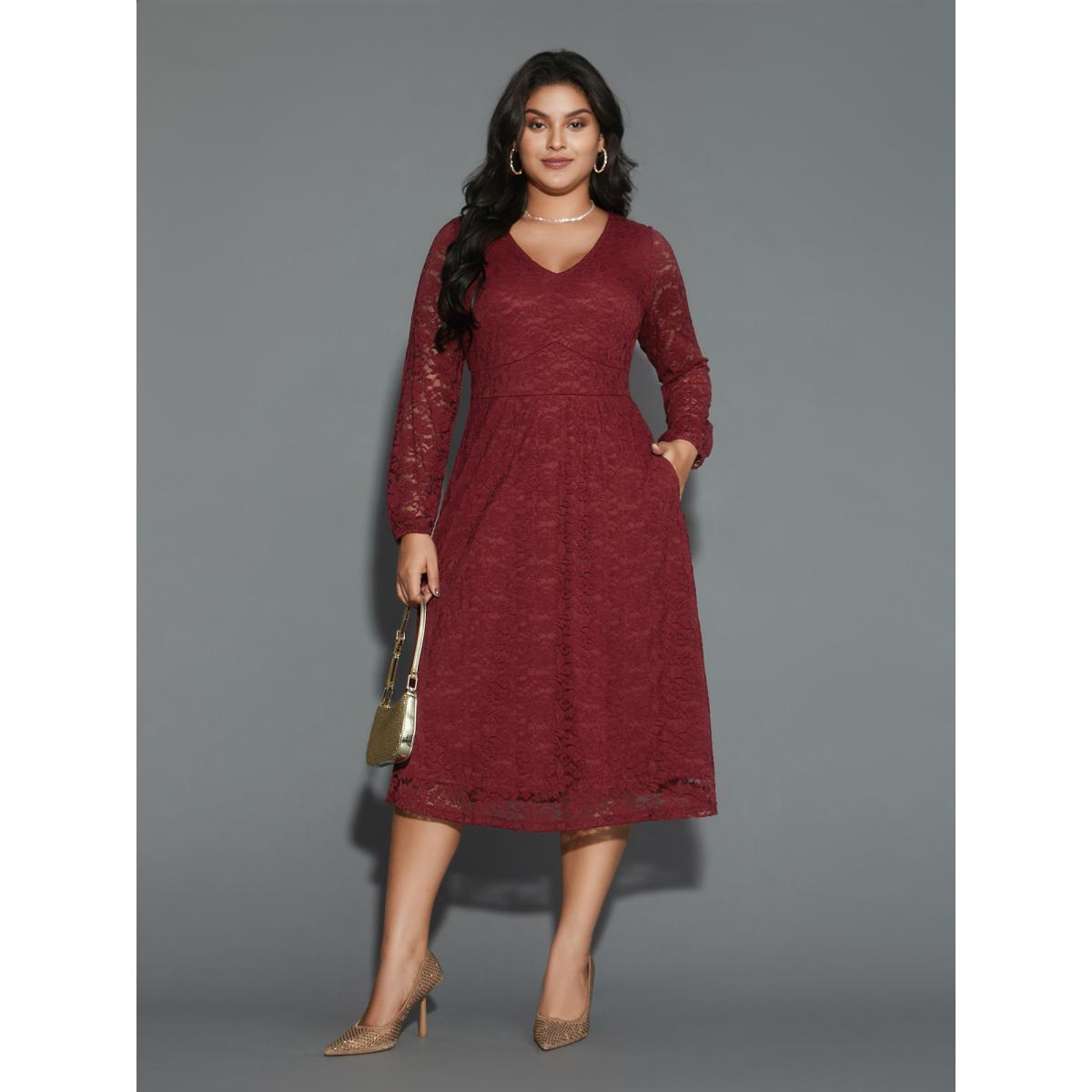 Plus Size Solid Lace Patchwork Lantern Sleeve Dress Burgundy Women Cocktail Woven ribbon&lace trim Party Curvy Bloomchic 30/6X Product Image