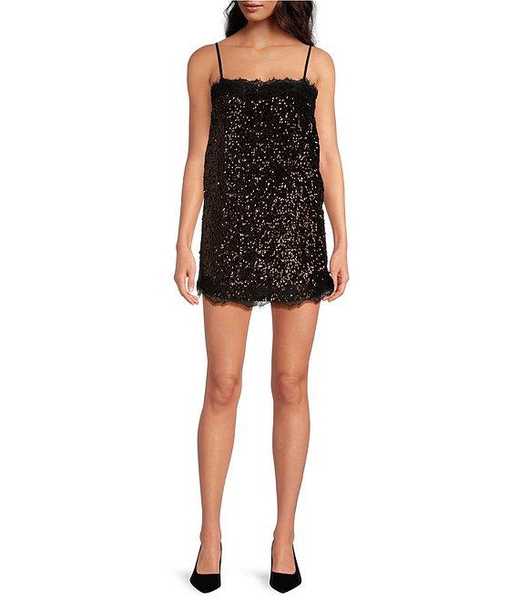 Gianni Bini x Lilly Sisto Tinsley Sequin Lace Trim Square Neck Spaghetti Strap Slip Mini Dress Product Image