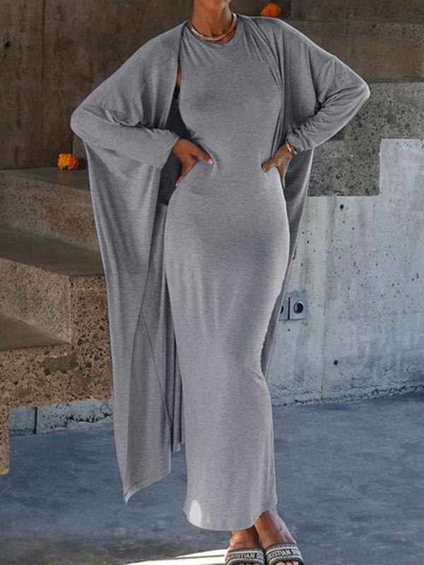 Long Sleeves Solid Color Round-Neck Inner Dress + Bodycon Outerwear Two Pieces Set Product Image