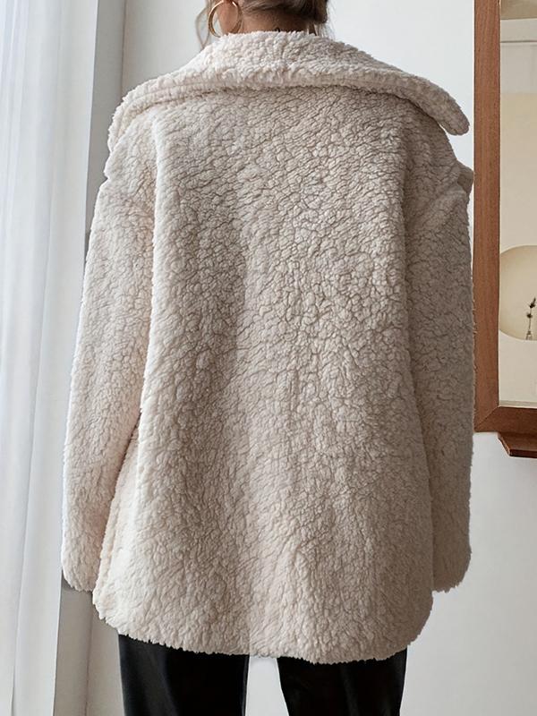 Long Sleeves Loose Buttoned Pockets Solid Color Velvet Notched Collar Outerwear Product Image